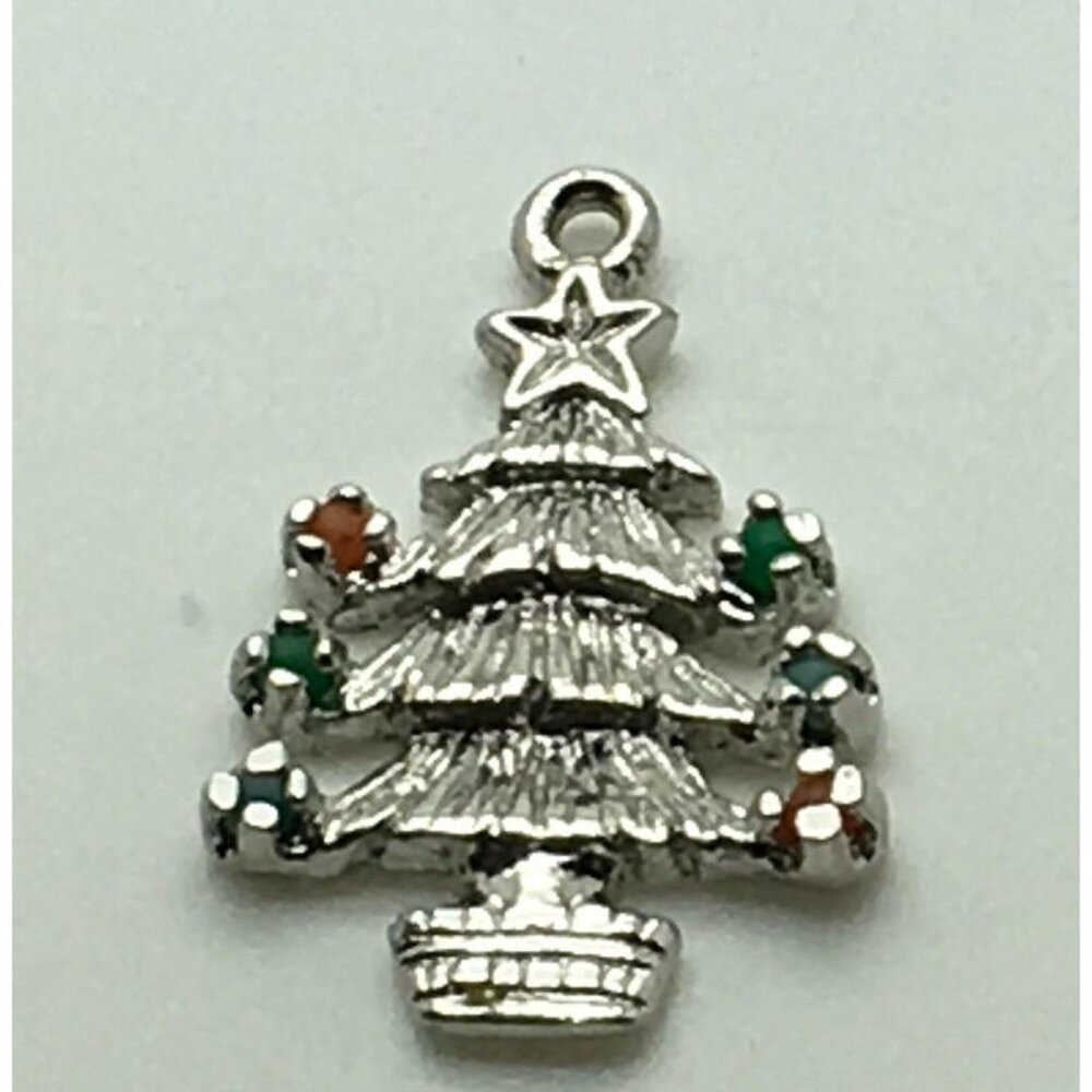 Christmas Tree Sterling Silver Charm Red Green Pearls Beads Ornaments Lights